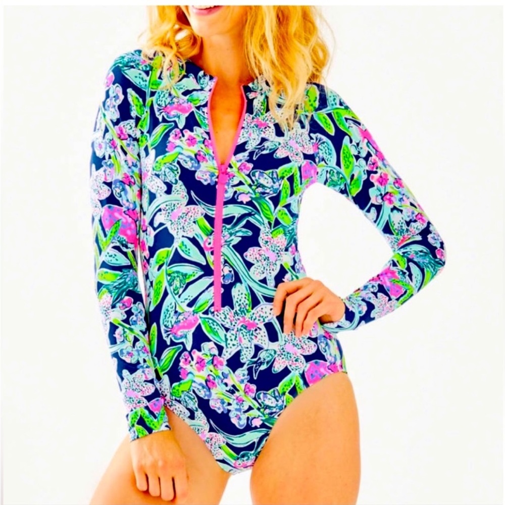 Lilly Pulitzer Begonia Floral One Piece Rash Guard Swimsuit Size 8
